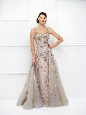 Taupe Embroidered Floral Maxi Dress - Designer Evening Gown